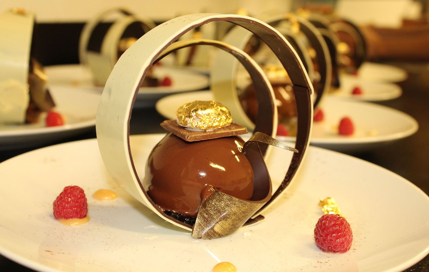 24 CT Gold Chocolate Espresso Tiramisu with Field Berries and Caramel Creme Anglaise