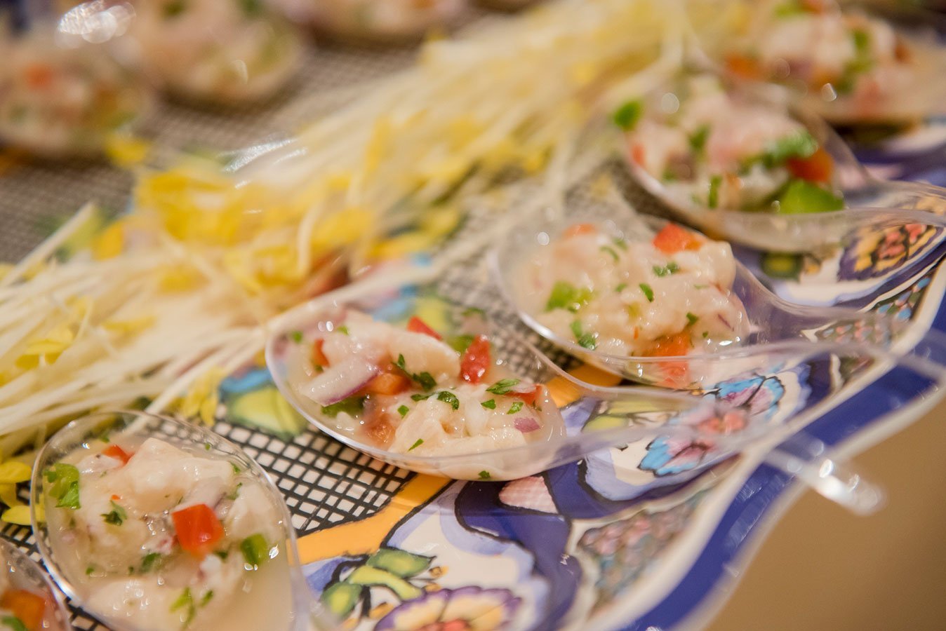 Spoons of Ceviche served on a Pottery Barn Del Sol melamine platter at the South Beach Grand Opening Event