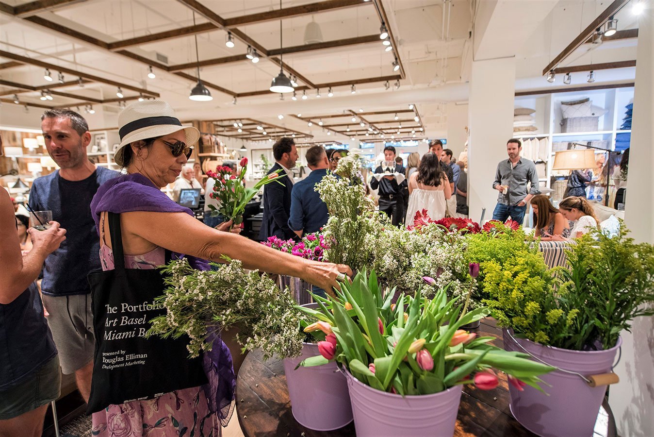 Buckets of fresh flowers at the Pottery Barn South Beach Grand Opening Event