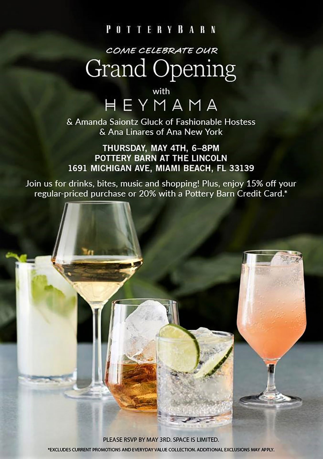 Invitation for the Pottery Barn South Beach Grand Opening Event hosted by Heymama