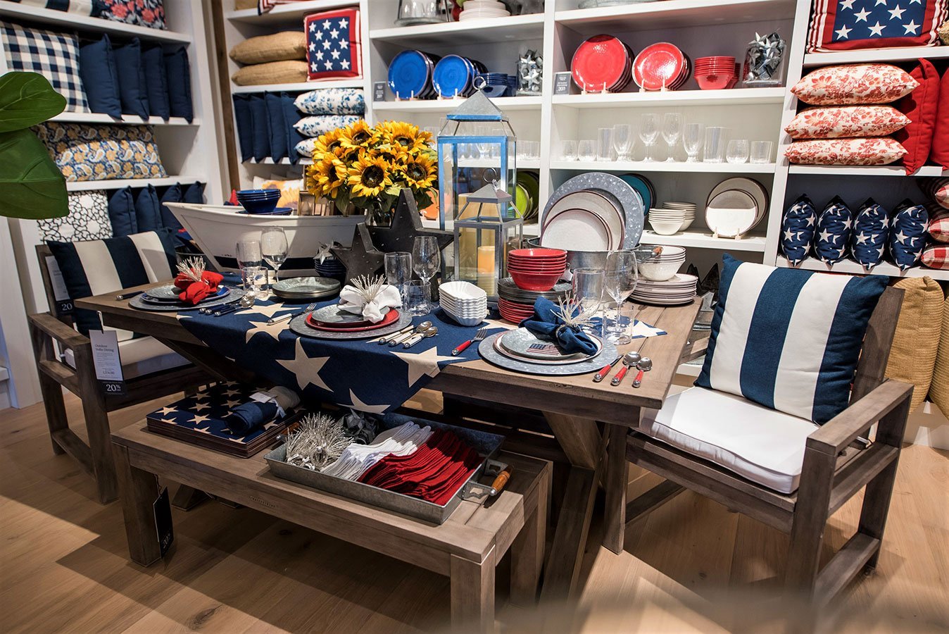 Galvanized Entertaining and Enamel Dinnerware collections on display at the Pottery Barn South Beach store