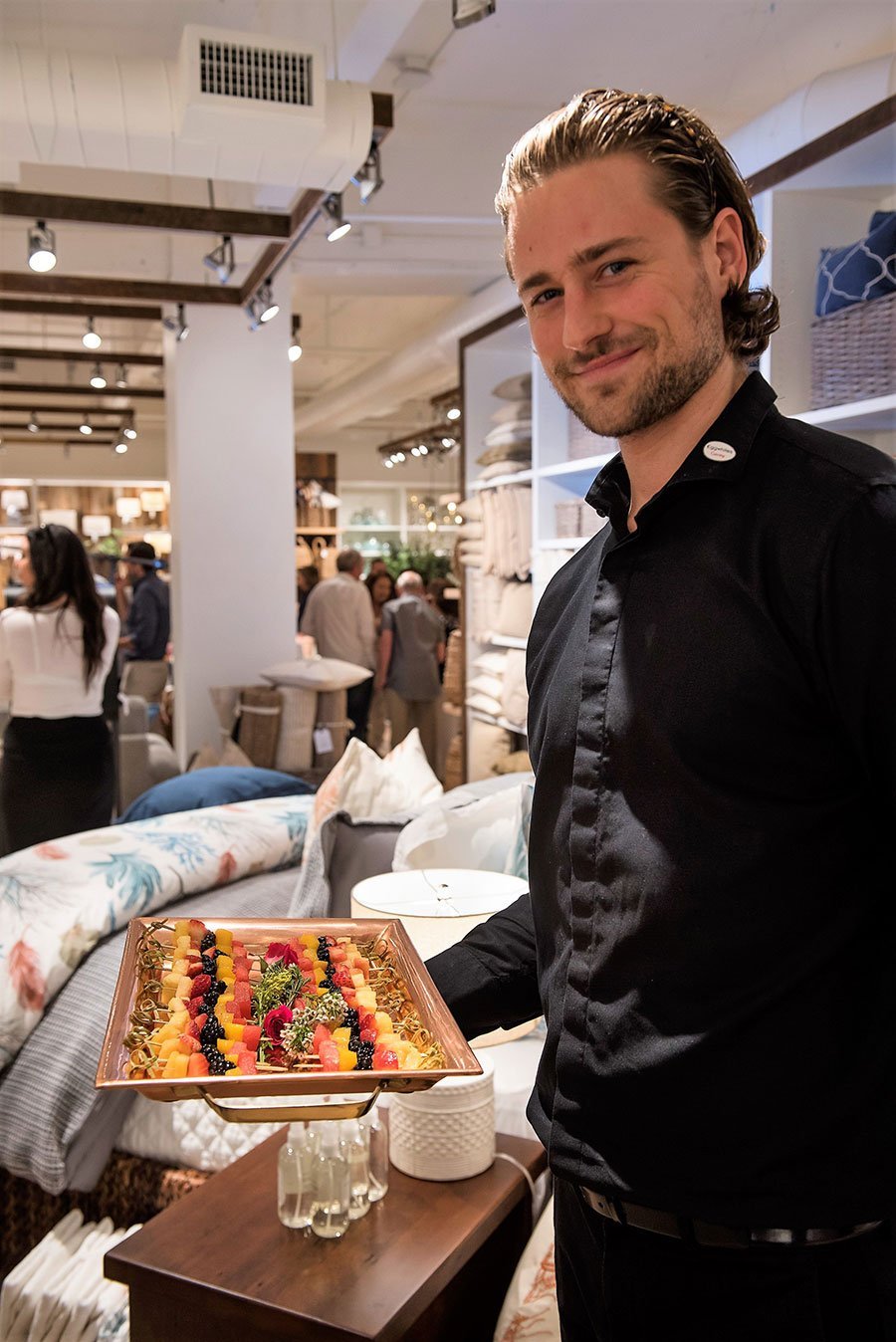 Fresh fruit brochettes on a copper tray at the Pottery Barn South Beach Grand Opening event