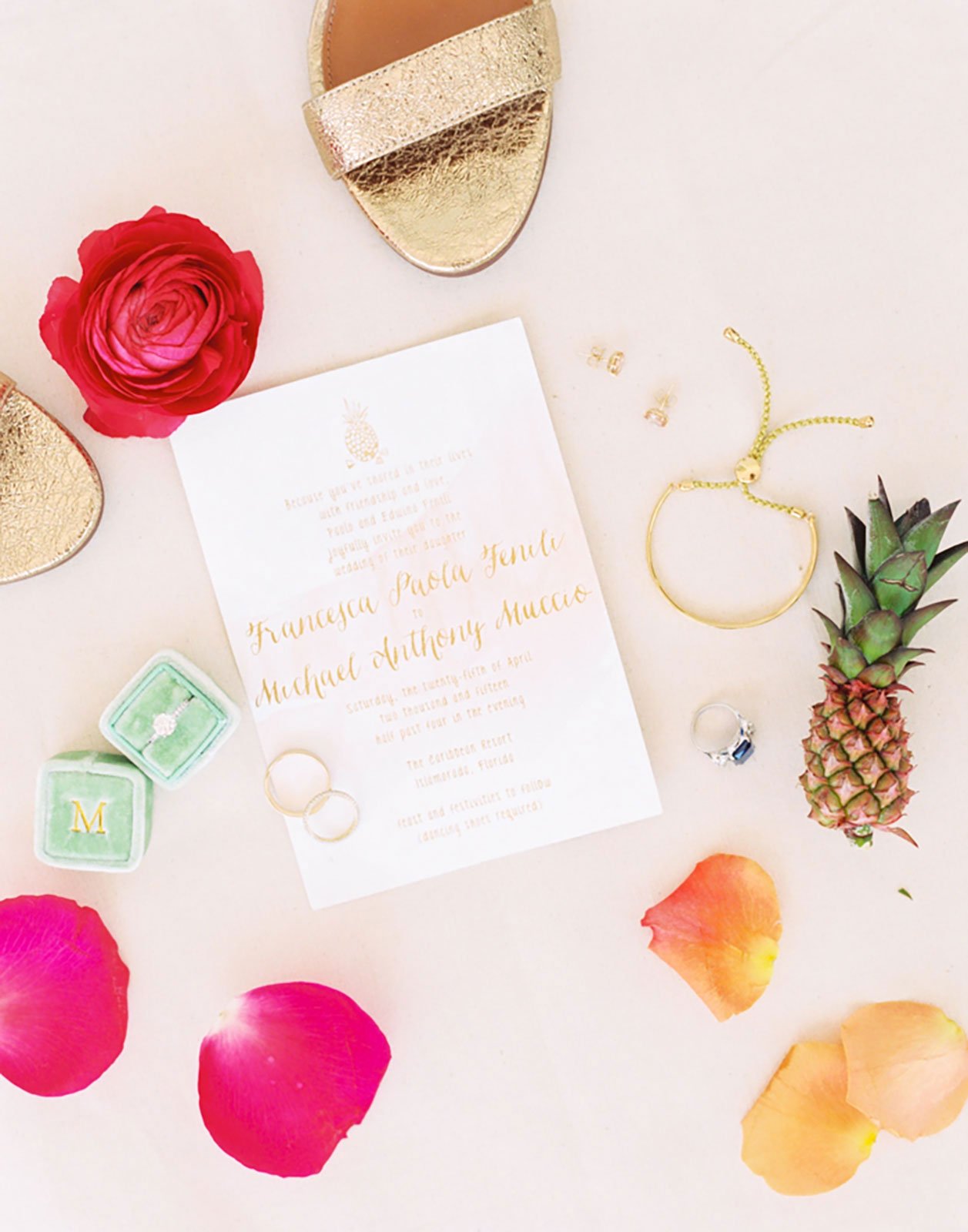 Custom gold wedding invitation with pineapple motif accent for a destination wedding in Islamorada, FL