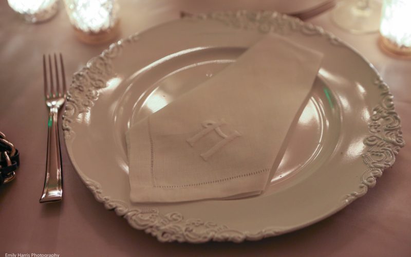 Monogrammed napkin adds a nice touch to this wedding tablesetting