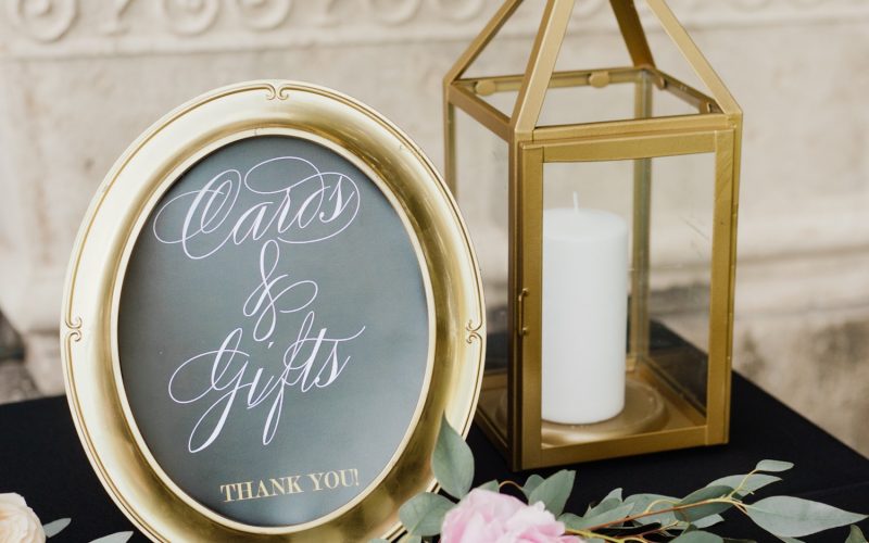 deering estate wedding | Black and Gold wedding | wedding gift table decor