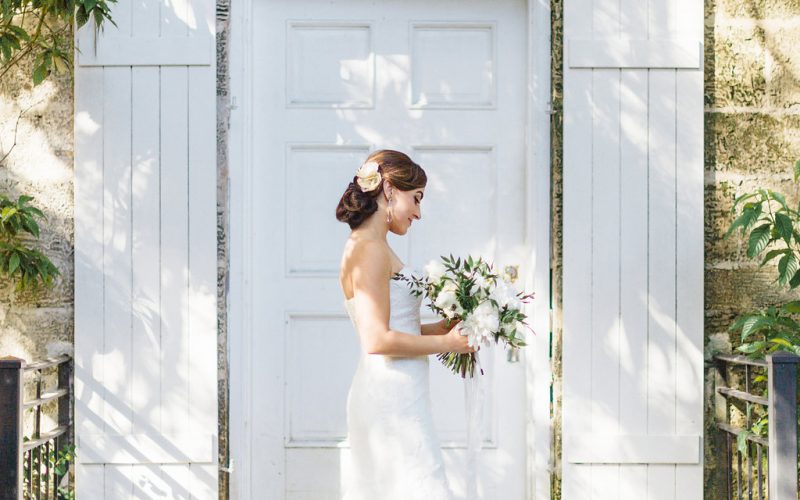 Wedding dress and bridal bouquet encompass this ethereal wedding style
