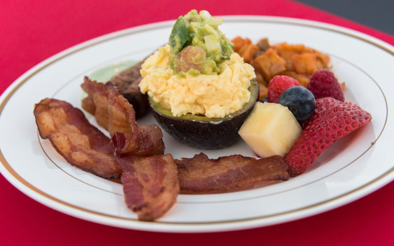 Fluffy scrambled eggs were served in avocado halves