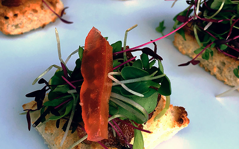 "Inside Out" BLT hors d'oeuvre with Pancetta, Micro Sprouts and Tomato Marmalade