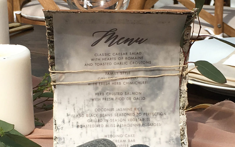 Rustic menu card for green wedding at Miami Seaquarium