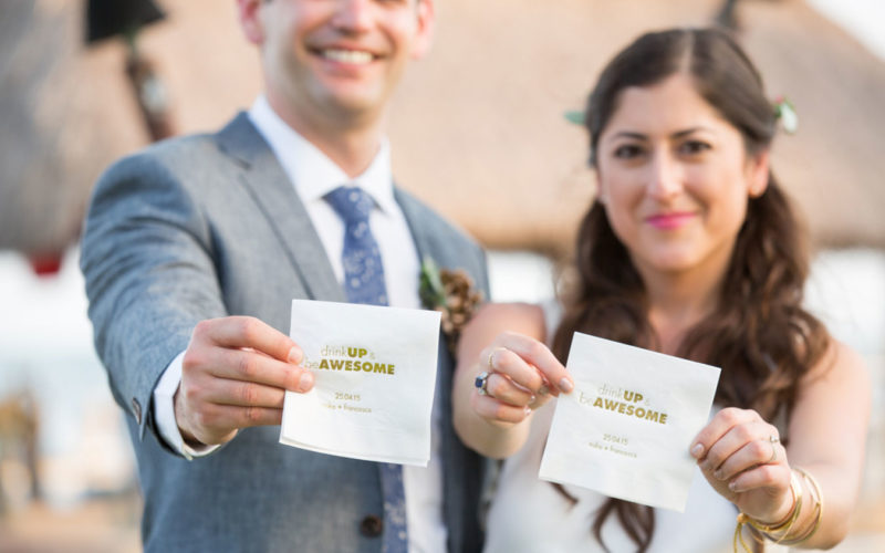 Drink up & Be Awesome personalized wedding cocktail napkins
