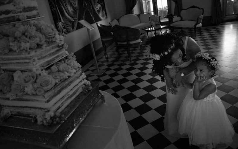 Wedding cake in the ballroom at Deering Estate