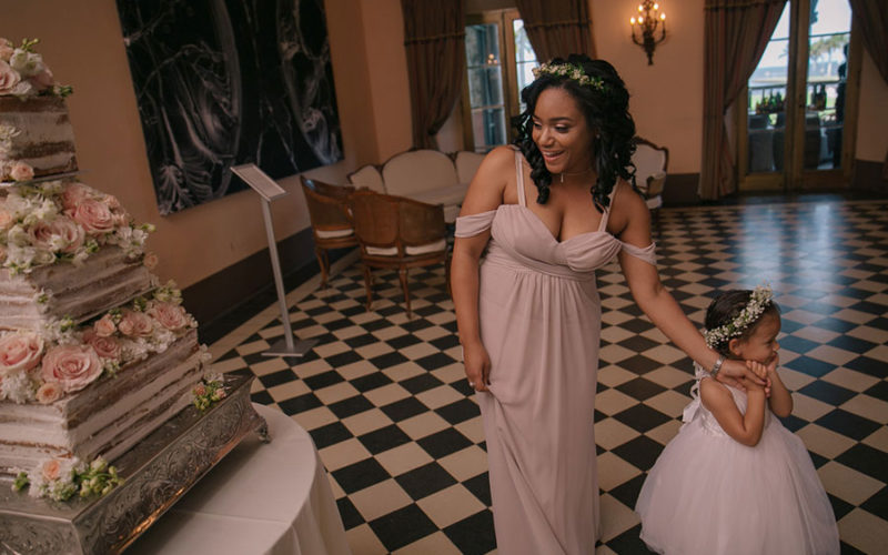 Wedding cake in the ballroom at Deering Estate