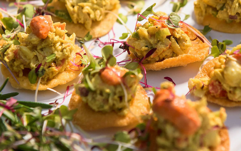 Wynwood catering | Eggwhites Catering served Curried Crab Salad Topped Mini Papadums