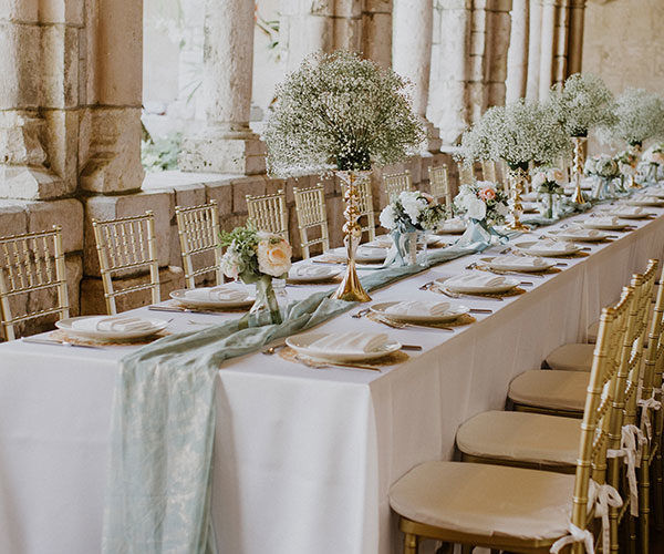 Royal table set-up in cloisters for Ancient Spanish Monastery wedding