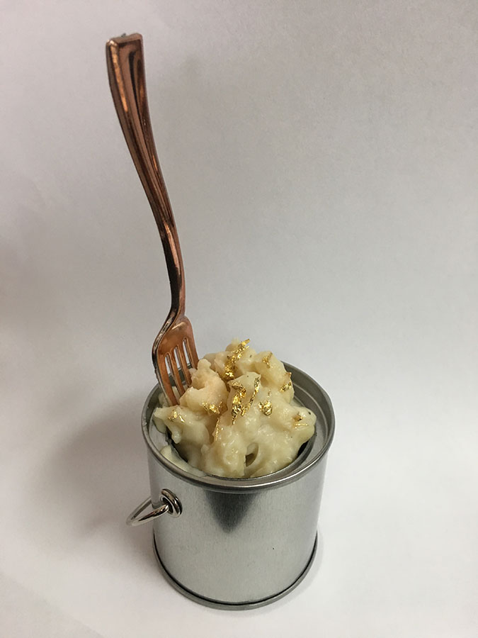 24 Karat gold Dusted Mac n Cheese served in small paint can | Hennessy Pratt Institute Art Basel party 2016