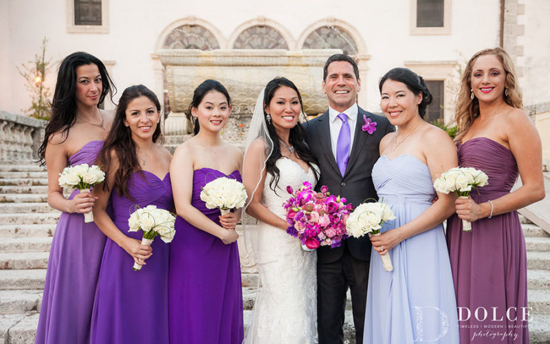 2018 Wedding Colors | Ultra Violet | Monochrome ivory bouquets pair perfectly with the purple palette of the bridesmaids dresses at this Vizcaya wedding