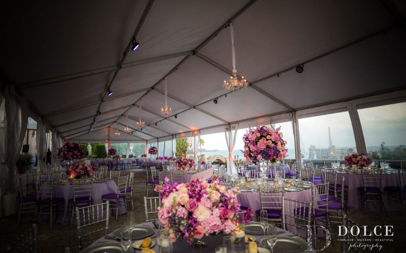 Crystal chandeliers in dinner tent at Vizcaya wedding