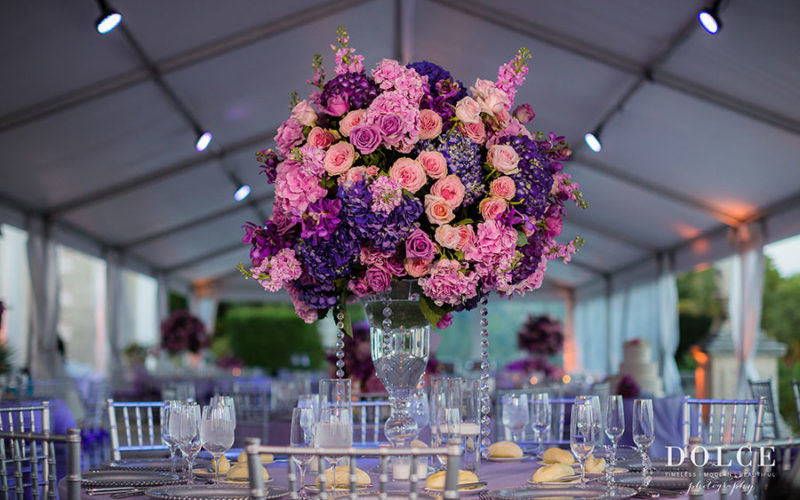 2018 Wedding Colors | Ultra Violet |Romantic floral centerpiece with shades of pink, purple and ultra violet hydrangea, orchids, garden roses and larkspur