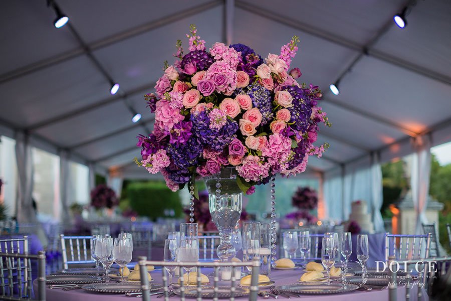 2018 Wedding Colors | Ultra Violet |Romantic floral centerpiece with shades of pink, purple and ultra violet hydrangea, orchids, garden roses and larkspur