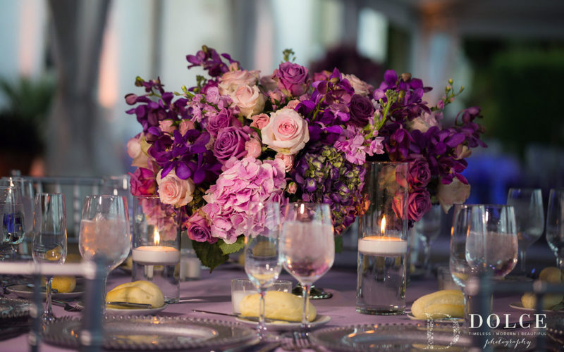 2018 Wedding Colors | Ultra Violet |Romantic floral centerpiece with shades of pink, purple and ultra violet hydrangea, orchids, garden roses and larkspur