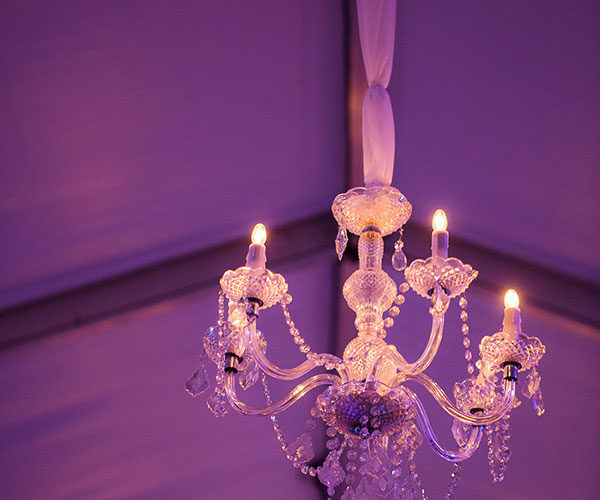 Crystal chandeliers in reception tent at Vizcaya wedding