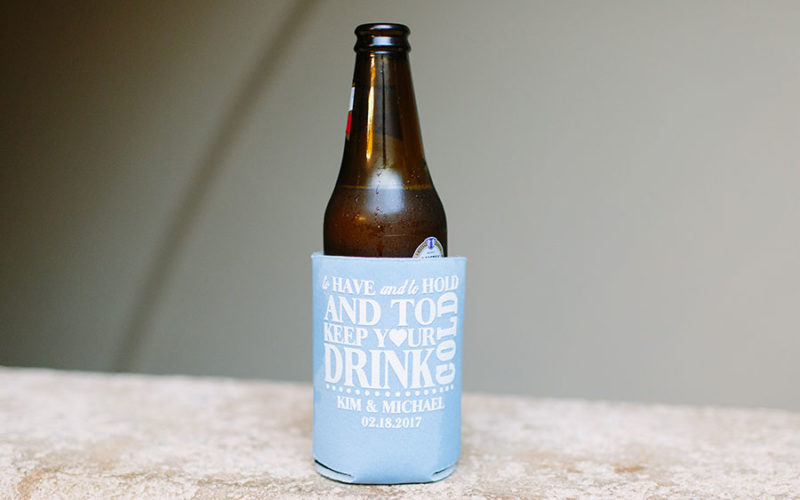 Personalized koozie wedding favor at Deering Estate wedding