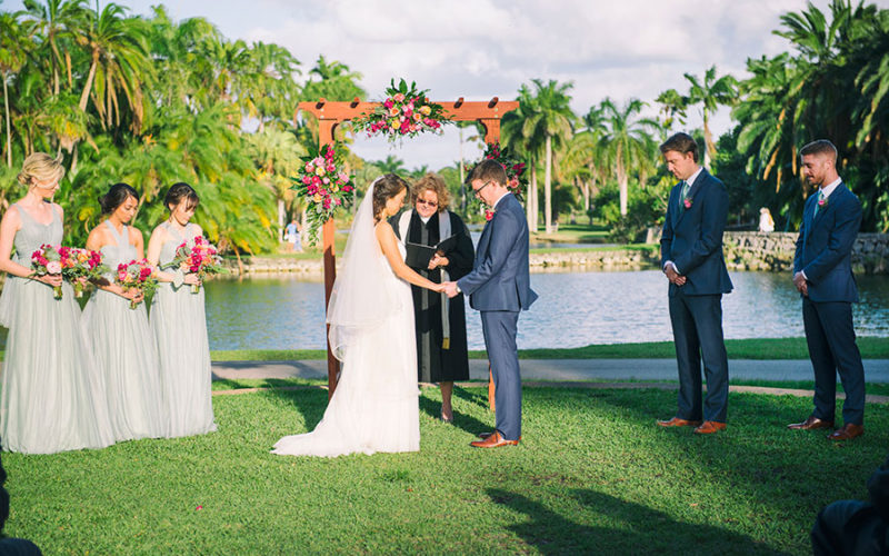 Couple at their Fairchild Tropical Botanic Garden wedding ceremony | Jiwon and Matt