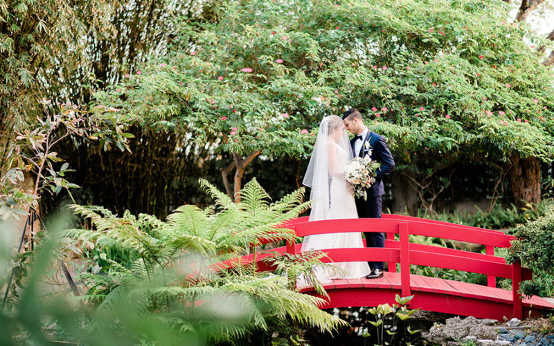 Couple on red bridge in the Japanese garden at their Miami Beach Botanical Garden wedding