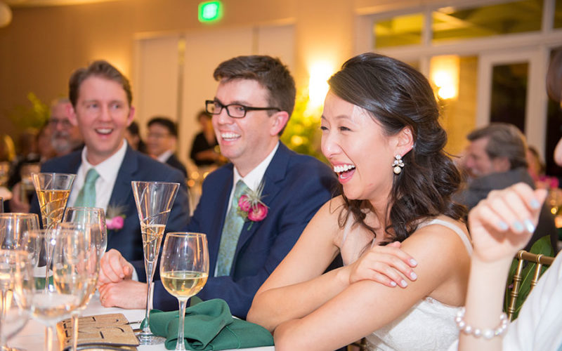 Happy couple at Fairchild Garden wedding reception
