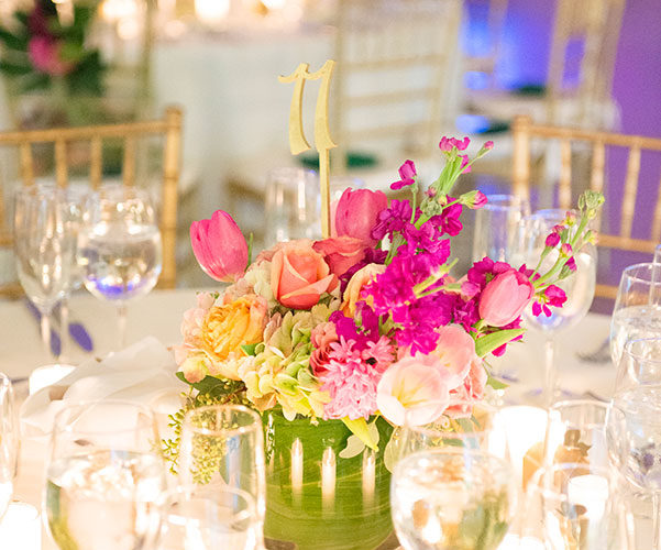 Vibrant, colorful floral centerpiece at Fairchild Tropical Botanic Garden