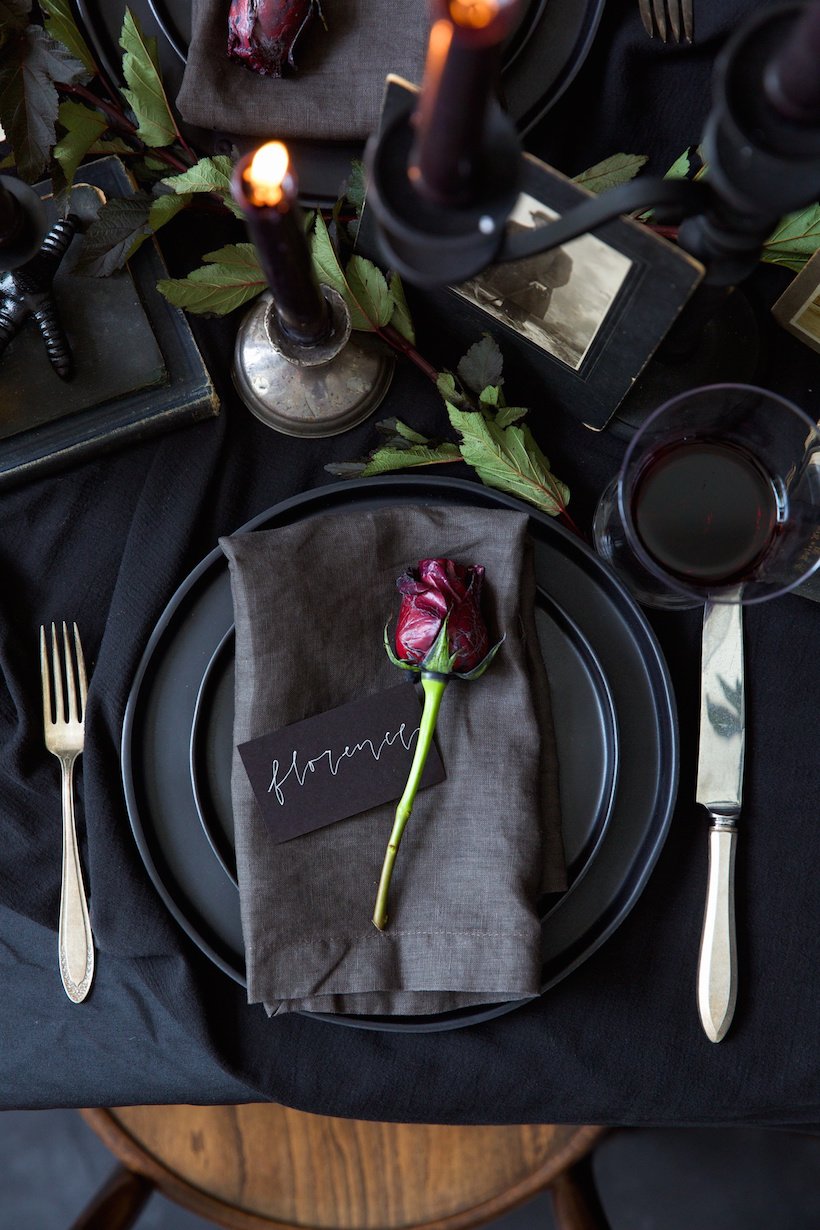 halloween themed catering | black table setting