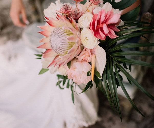 Protea and alpinia tropical wedding bridal bouquet
