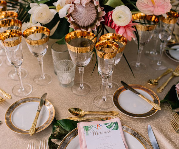 tropical wedding theme | place setting at deering estate wedding reception