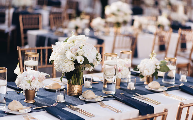 navy and white table decor at brickell wedding reception | miami wedding catering