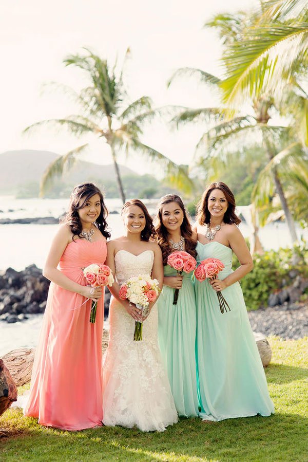 Coral and 2025 mint bridesmaid dresses