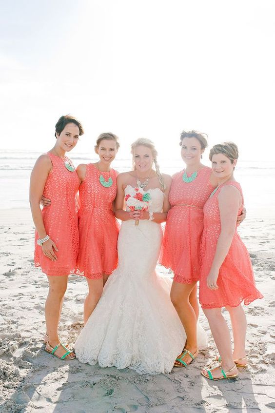 coral and turquoise bridesmaid dresses