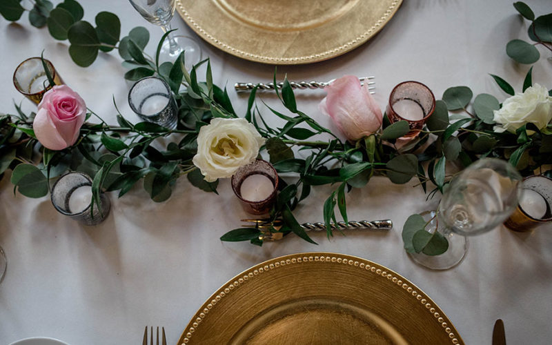 tablescape at blush and gold wedding reception