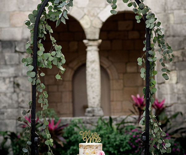 wedding cake on prayer well at the ancient spanish monastery