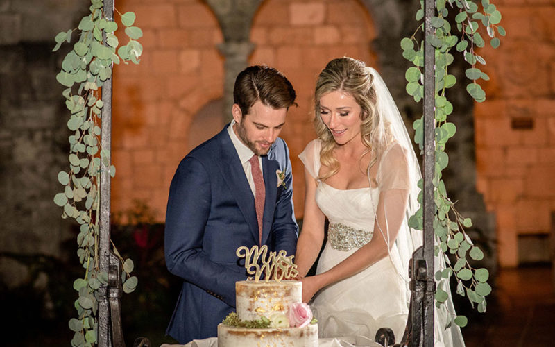 Cake cutting at Ancient Spanish Monastery wedding
