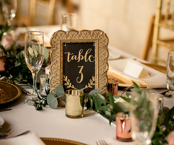 gold and blush wedding | table number sign