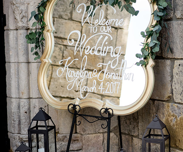 welcome sign at gold and blush wedding