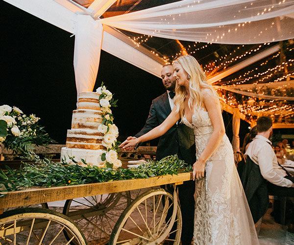 molly and taylor cutting cake at vizcaya wedding reception