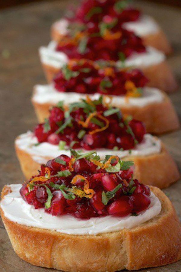 holiday catering menus | pomegranate and goat cheese bruschetta